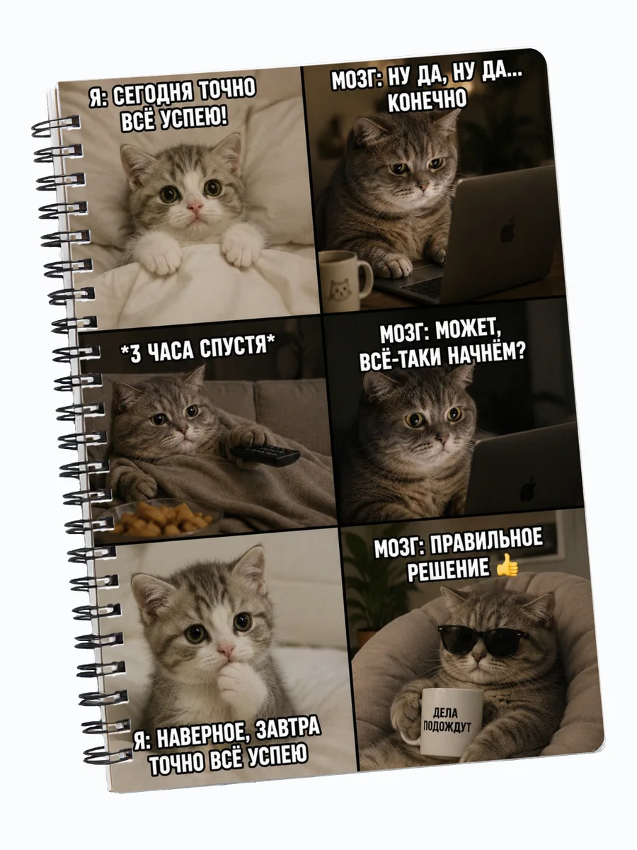 Блокнот мемы с котами мотивирующий